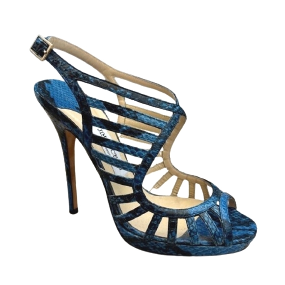 Jimmy Choo Keenan Blue Python Leather Platform Heeled Sandals Women's Size 40